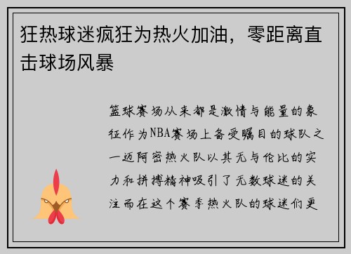 狂热球迷疯狂为热火加油,零距离直击球场风暴
